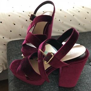 Maroon velvet chunky heels